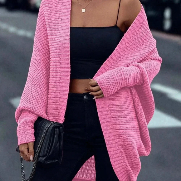 Pink Casual Women's Open Front Batwing Sleeve Cardigan - Picture 6 of 6